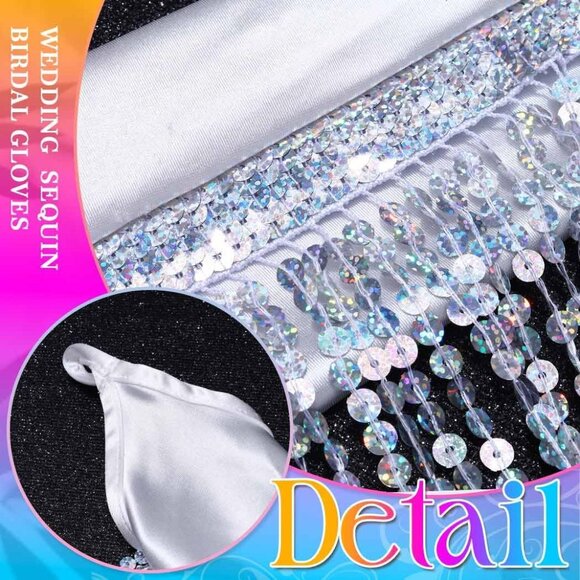 Long Satin Fingerless Gloves Sequin Tassel Elbow Length Wedding Halloween - Picture 5 of 7